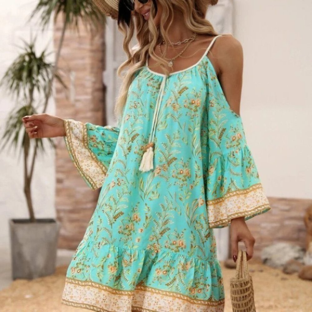 Floral Cold Shoulder  Ruffle Hem Dress - Picture 7 of 8